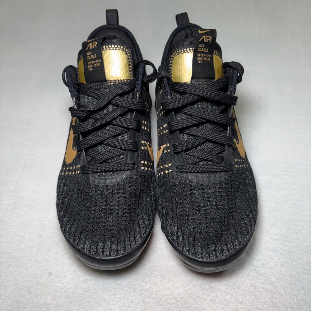 Nike Air VaporMax Flyknit 3 Black Metallic Gold Kids 5Y BQ5238-004 Womens 7 - Picture 2 of 14